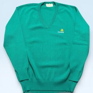 Quill's Woollen Market Sweater Mens XL Green V Neck Ireland Made In Ireland